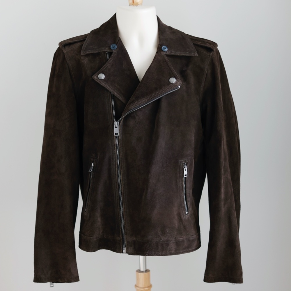 Men's Brown Genuine Suede/Leather Moto Biker Jacket Sherpa Collar Size Medium